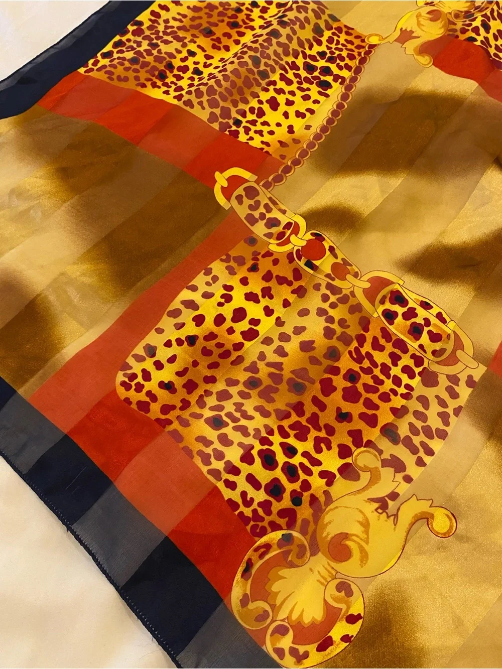 Silk-Feel Leopard Print Square Scarf in Gold and Red